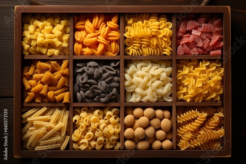 Assorted Pasta Varieties  Wooden Box Showcase of Different Pasta Types