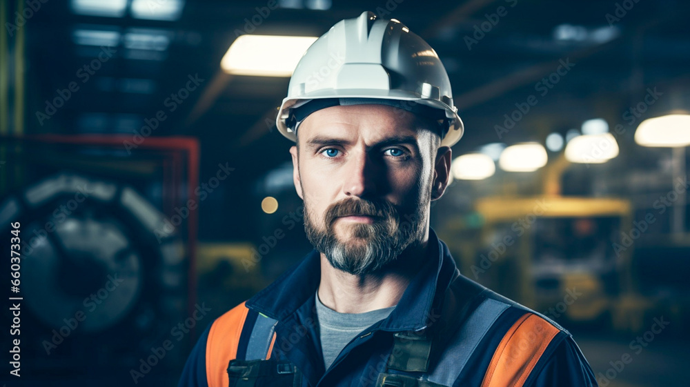 Portrait of bearded factory worker wearing hard hat looking at camera while standing in workshop.
Portrait of bearded factory worker wearing hard hat looking at camera while standing in workshop.