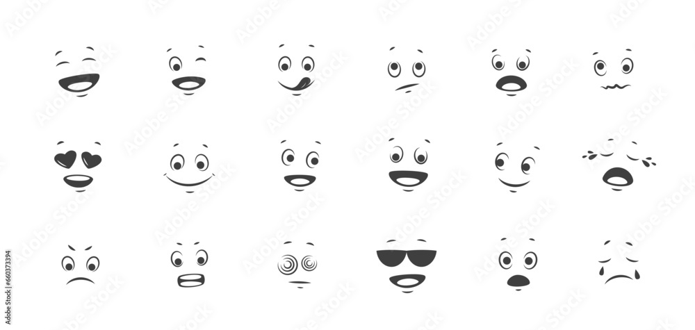 Naklejka premium Cartoon faces with different expressions. Happy, smiling, sad, surprised, in love face. Emoji with different emotion mood. Showing eyes and mouth. Black and white vector illustration. 