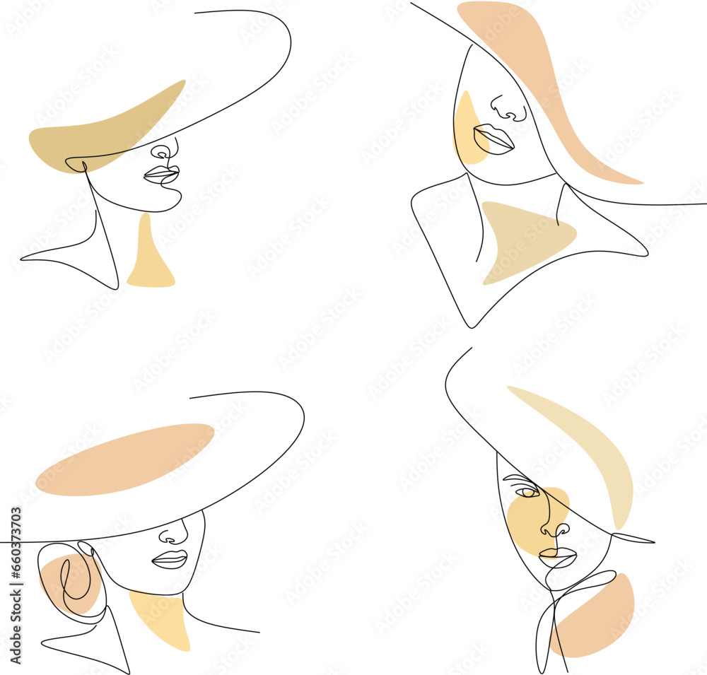 Set for drawing abstract lines of a woman's face in a hat. Fashionable female portrait in minimalist boho style. Drawing of a woman's face contour. Continuous line art Fashionable minimal portrait. Be