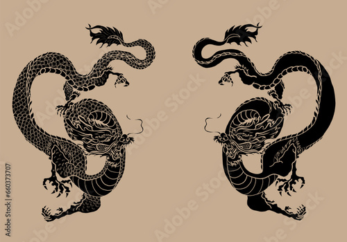 Japanese red dragon tattoo.Dragon on red background for Chinese New Year.Gold Chinese Dragon vector.Gold line art King Dragon tattoo.cartoon vector for t-shirt.