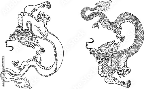 Japanese red dragon tattoo.Dragon on red background for Chinese New Year.Gold Chinese Dragon vector.Gold line art King Dragon tattoo.cartoon vector for t-shirt.