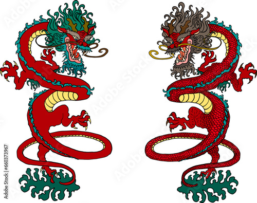 Japanese red dragon tattoo.Dragon on red background for Chinese New Year.Gold Chinese Dragon vector.Gold line art King Dragon tattoo.cartoon vector for t-shirt. © Umaporn