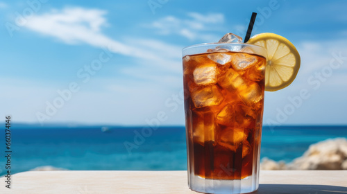 Summer cocktails  sea resort concept. Glass of iced tea. Long island cocktail on tropical beach