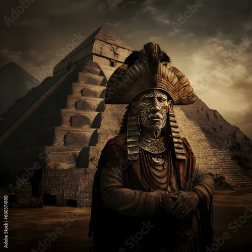 Peruvian ancient civilisation god in front of pyramid 