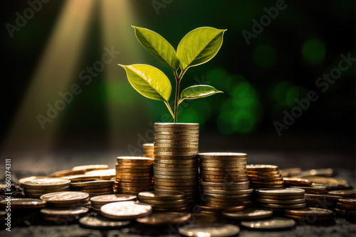 A pile of coins with a tree sprout, growing finances