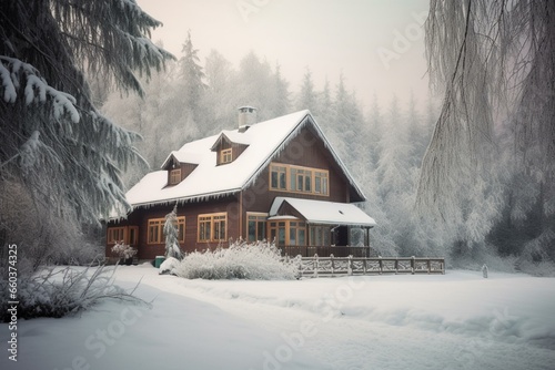Beautiful residence amidst a snowy forest. Generative AI