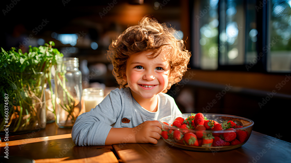 A child with a plate of strawberries. Child nutrition concept