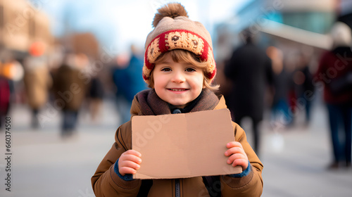 A child on the street with a sign to write a message