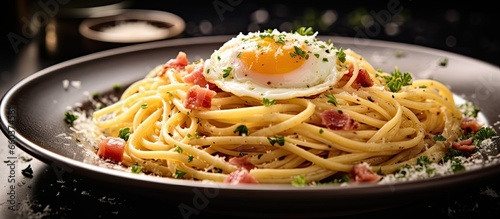 Tasty Roman pasta with egg pecorino and black pepper sauce With copyspace for text