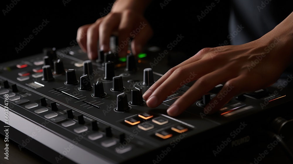 Dj plays electro music .in concert night club, music colors. Generative AI Dj plays electro music .in concert night club, music colors. Generative AI