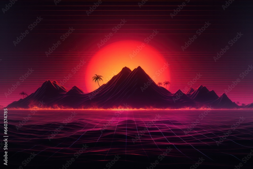 synthwave pink neon sunset over the mountains