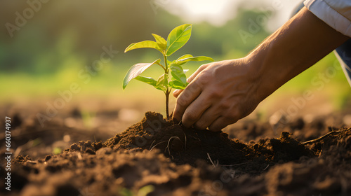 Photograph a person planting a tree sapling, symbolizing a commitment to a greener future and environmental stewardship. Convey the idea of long-term impact and sustainability. photo