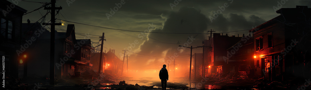 Silhouette Of A Man On The Street Of The Old City In The Evening Sunset. Still From A Horror Thriller. Silhouette Of A Man Against The Backdrop Of A Dark City. Generative AI