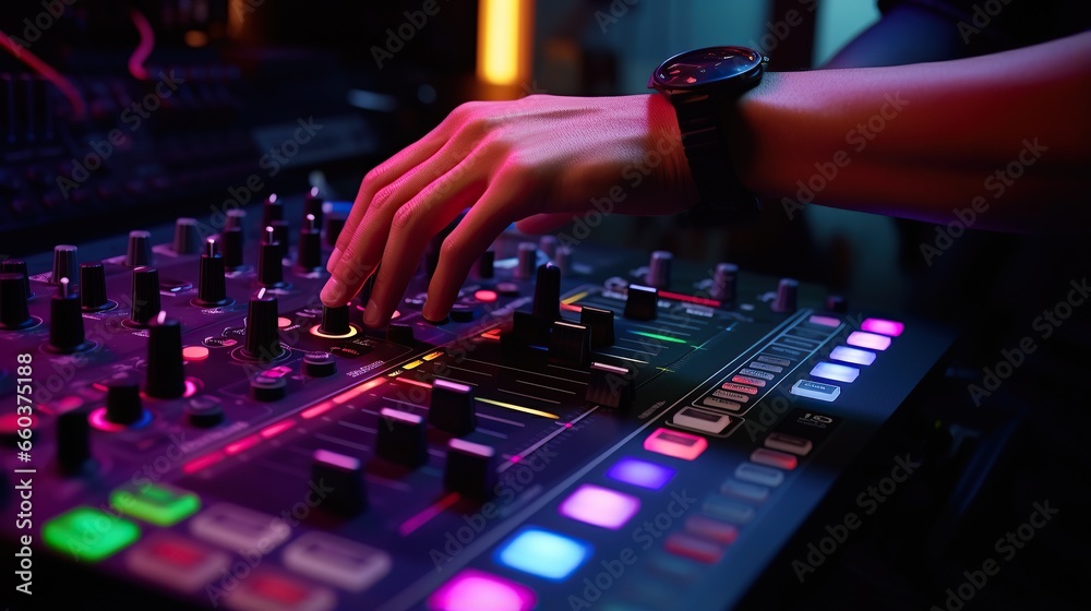 Dj plays electro music .in concert night club, music colors. Generative ...