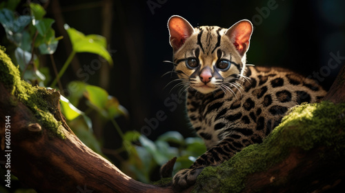 Margay, Leopardis wiedii, beautiful cat sitiing on the branch in the tropical forest. photo