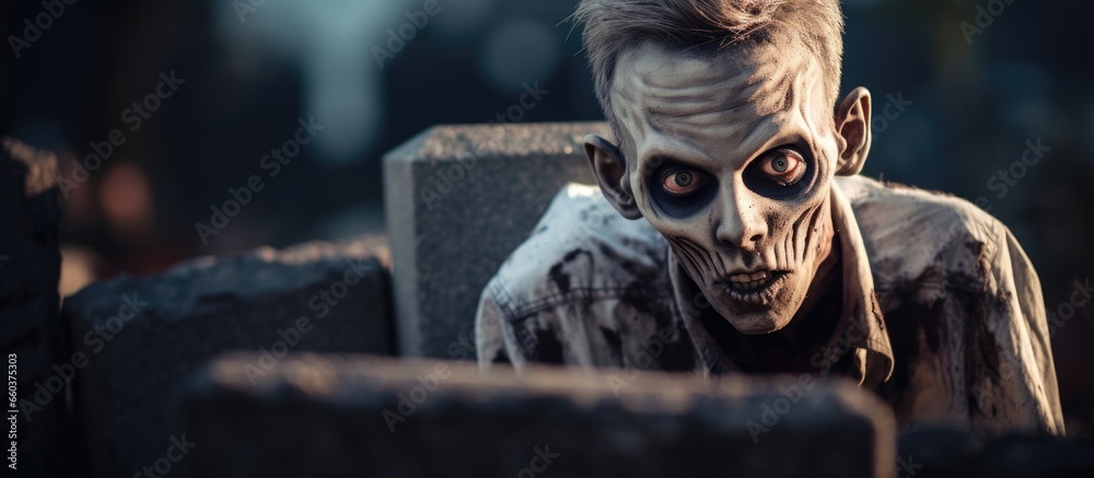 Terrifying Halloween as a teen zombie peeks out and boasts in the graveyard With copyspace for text Terrifying Halloween as a teen zombie peeks out and boasts in the graveyard With copyspace for text