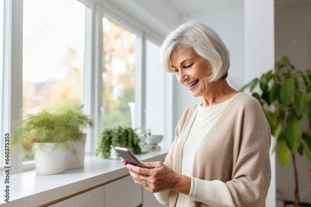 Portrait of a relaxed senior woman laughing while using her smartphone at home. Modern lifestyle of the elderly people. Portrait of a relaxed senior woman laughing while using her smartphone at home. Modern lifestyle of the elderly people.
