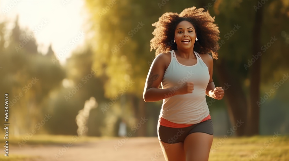 Young African American plump woman jogging through the city park. Weight loss running workout. A morning boost of energy on the way to your goal. Active and healthy lifestyle. - obrazy, fototapety, plakaty 