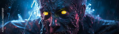 Zombie Man With Neon Eyes In The Rain.  Illustration On The Theme Of Comics And Fantasy, Man And Technology. Generative AI