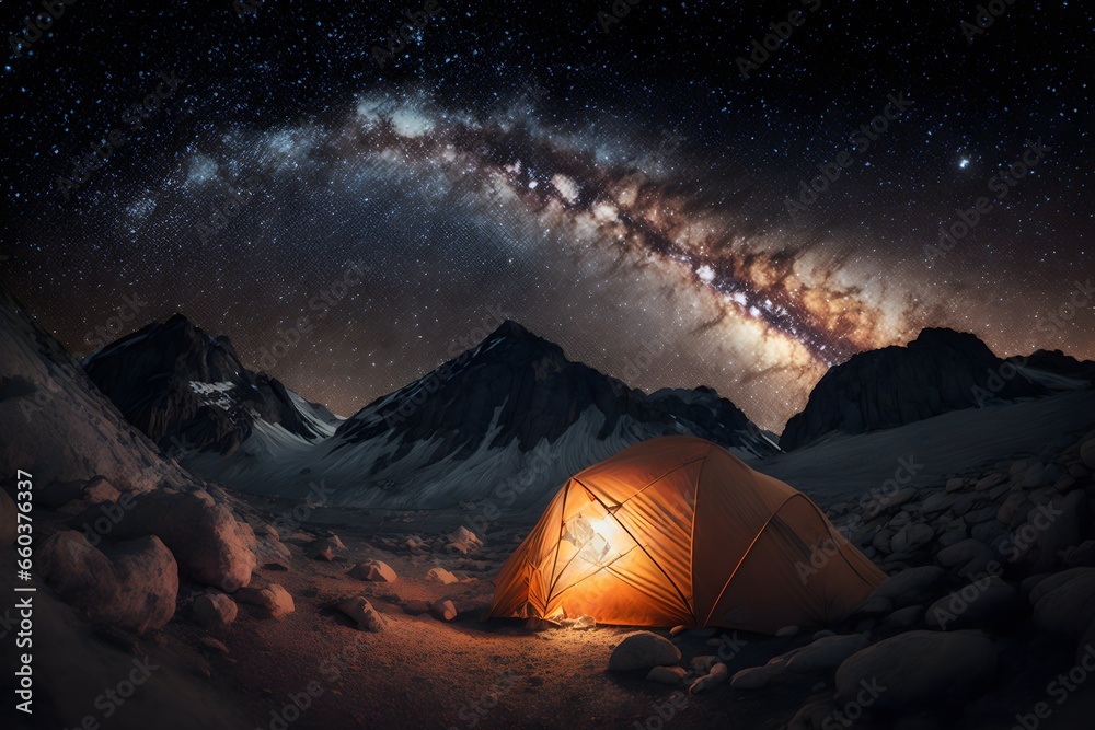ultra wide closeup Mountain camping under stars 