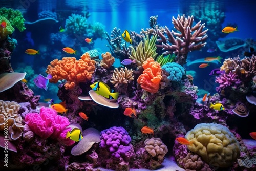 Vibrant marine aquarium showcasing stunning corals and reefs in deep ocean water. Generative AI