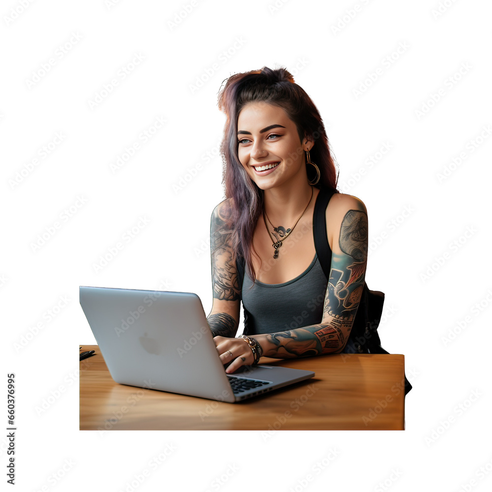 female student with tattoo Sitting and working in front of a notebook, full body. No shadows, highest details, sharpness throughout the image, highest resolution, lifelike, white background die-cut -- female student with tattoo Sitting and working in front of a notebook, full body. No shadows, highest details, sharpness throughout the image, highest resolution, lifelike, white background die-cut --