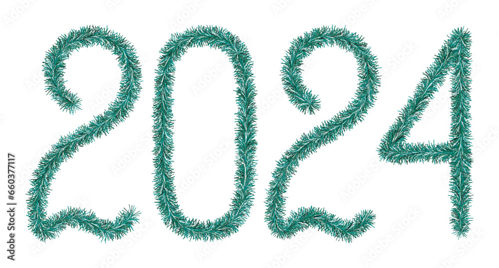 Tinsel. 2024. Lettering from a festive Christmas decoration. Fluffy numbers. Green color. Vector illustration. Isolated background. Cute plush message. The coming year. Rustling lettering. Tinsel. 2024. Lettering from a festive Christmas decoration. Fluffy numbers. Green color. Vector illustration. Isolated background. Cute plush message. The coming year. Rustling lettering.