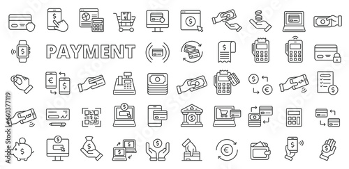 Set of Payment icons in line design. Icons, cash, currency, contactless, transaction, shopping, secure, exchange, withdraw, online shipping, electronic payment isolated on white background vector.