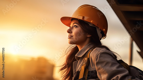a beautiful female construction worker at sunset, with empty copy space