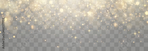 Bokeh lights effect isolated on png background. Soft blured bokeh and dusty shine lights. Festive golden luminous background. Vector Christmas concept isolated on transparent background