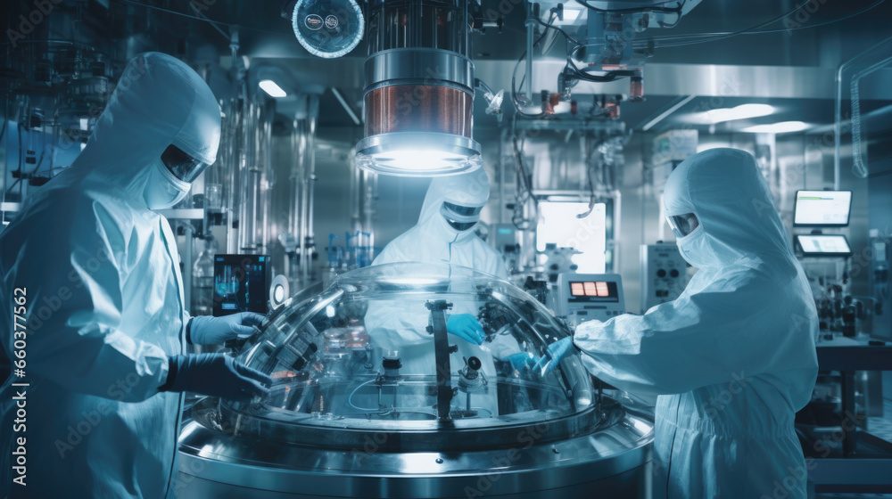 Scientists in Hazmat Sterile Suits Walking Through Technologically Advanced Factory/ Laboratory. Clean High-Tech Environment with CNC Machinery. Scientists in Hazmat Sterile Suits Walking Through Technologically Advanced Factory/ Laboratory. Clean High-Tech Environment with CNC Machinery.