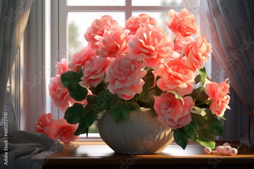 A beautiful vase of pink flowers sitting on a window sill. Perfect for adding a touch of elegance and nature to any space.