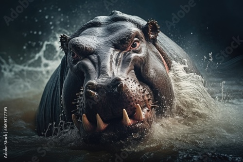 A picture of a hippo in the water with its mouth open. This image can be used to depict the natural behavior and habitat of hippos in the wild.