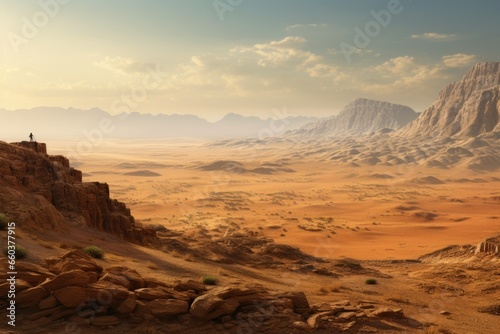 A man standing on top of a mountain in the desert. This image can be used to depict adventure  exploration  and the beauty of nature.