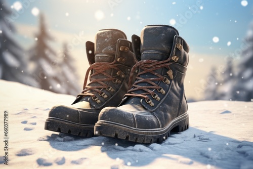 A pair of boots sitting on top of a snow covered ground. Perfect for winter fashion or outdoor adventure themes.