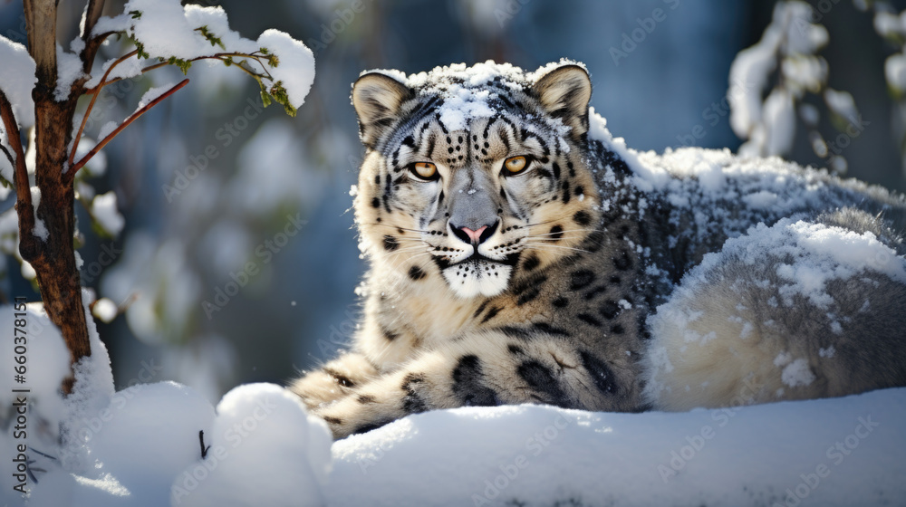 Obraz premium Snow leopard with long taill, sitting in nature stone rocky mountain habitat