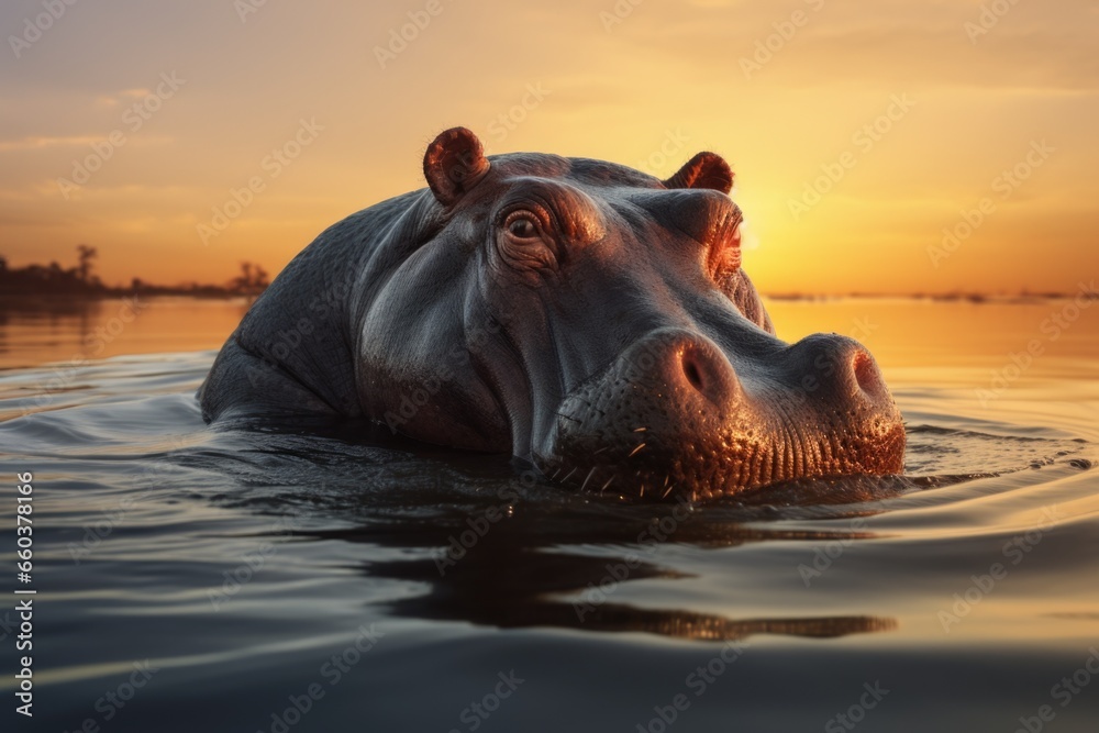 Fototapeta premium A stunning image of a hippo peacefully swimming in the water during sunset. Perfect for nature enthusiasts and wildlife lovers. 