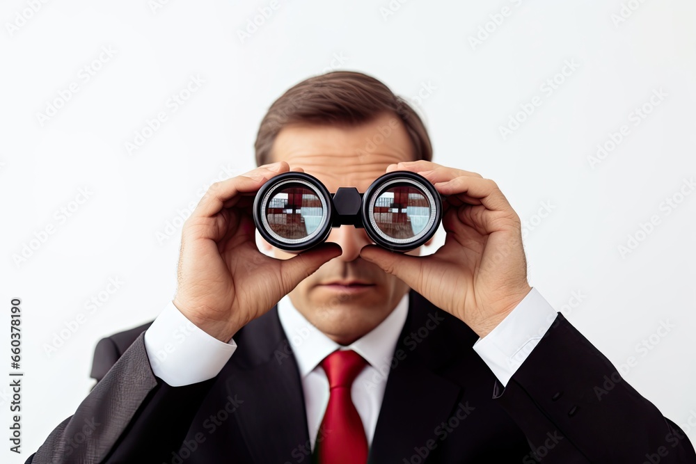 A young businessman with a modern suit holding binoculars, symbolizing vision and the search for opportunities. A young businessman with a modern suit holding binoculars, symbolizing vision and the search for opportunities.