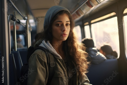 A woman sitting on a bus, gazing out the window. This image can be used to depict a sense of contemplation, daydreaming, or traveling
