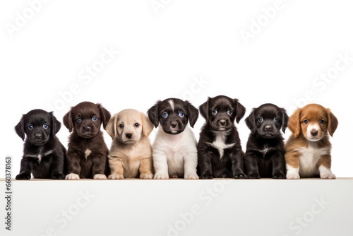 A heartwarming group of cute, purebred puppies, displaying their loyalty and togetherness in a studio portrait.