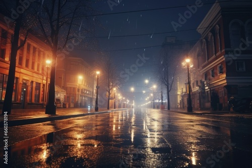 A picture of a wet city street at night illuminated by street lights. This image can be used to depict urban nightlife or rainy city scenes