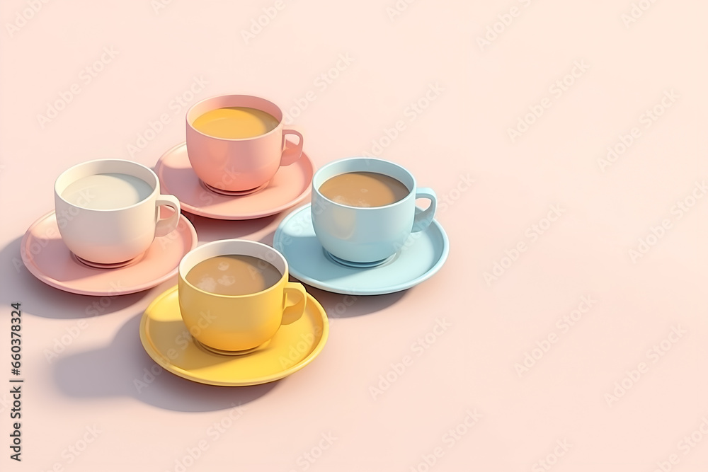 Four Cute Coffee cups in pastel colors over a soft pink background. Coffee shop design. Four Cute Coffee cups in pastel colors over a soft pink background. Coffee shop design.