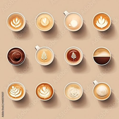 Set of 3d coffee mugs with different types of coffee over brown baclground.