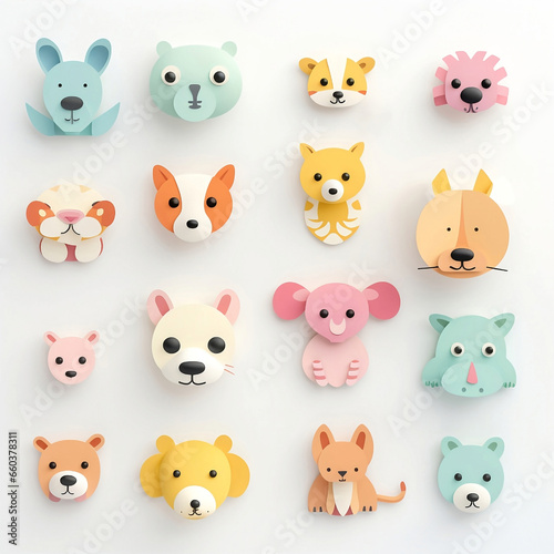 Set of isolated 3d cute animals in pastel colors on white background