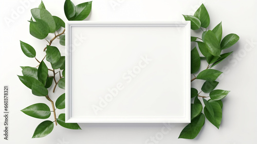 Mock up of blank picture frame with leaf on white background