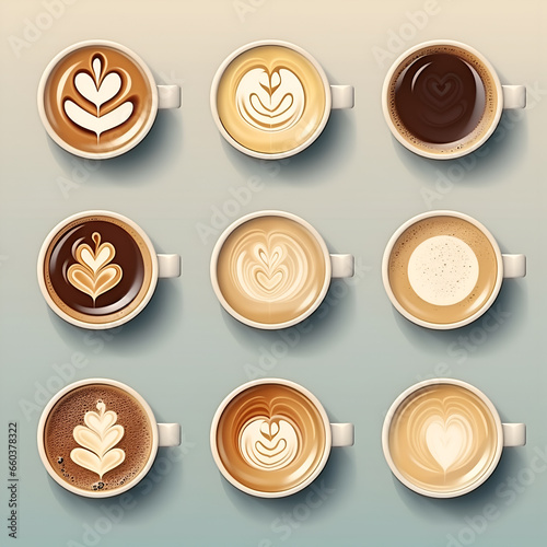 Set of Different Types of Coffee in a Cup. breakfast drinks for a shop menu or sign. Illustration design.