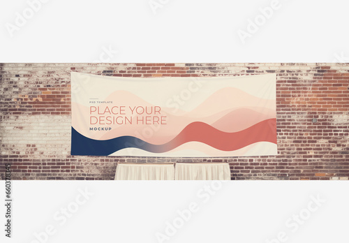 Frame Poster Billboard Mockup: White Cloth Hanging on Brick Wall with Tablescloths, Draped Table and Tablecloth