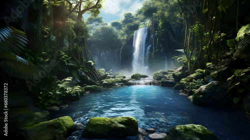 Showcase the mesmerizing beauty of a cascading waterfall deep within the rainforest. Capture the serene blue pool at its base and the surrounding lush vegetation. Ideal for travel brochures