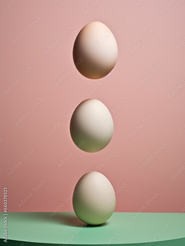 Eggs levitating in the air on a pastel background Eggs levitating in the air on a pastel background